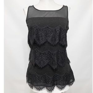 White House Black Market  USED 
Mesh w Lace & Black Rhinestone Shell Top  Size 2